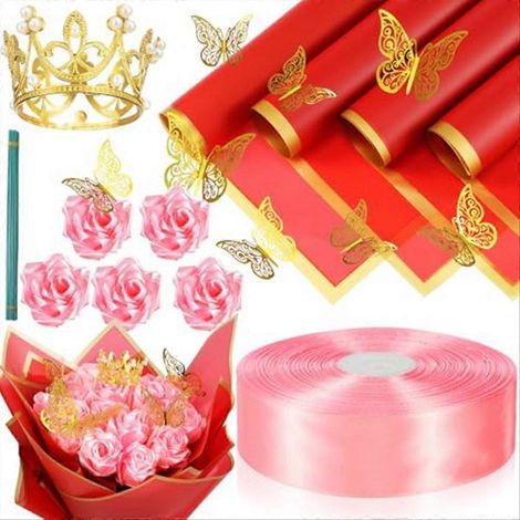 Bouquet de 74 roses artificielles à faire soi-même, fleurs en ruban, ruban satiné de 3,8 cm, bord doré, papier cadeau rose (1/5)