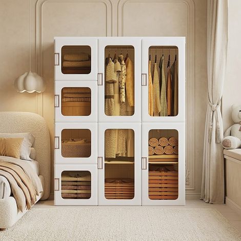 Armoire Penderie Pliable 104x50x136cm Meuble de Rangement Plastique 12 Cubes sans Montage PP PET Blanc Transparent Chambre (1/5)