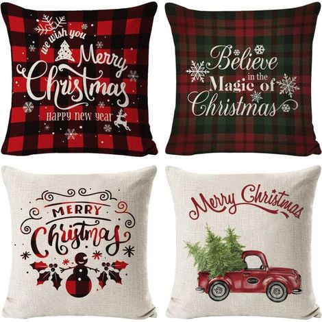 Lot de 4 taie d'oreiller de Noël, arbre de Noël flocon de neige renne décor à la maison taies d'oreiller en lin de vacances de noël ferme maison chambre coussin (C) (1/4)