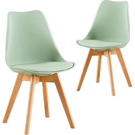 Lot de 2 chaises de salle à manger style scandinave rétro, assise rembourrée, pieds en bois de hêtre, vert sorbet (1/5)