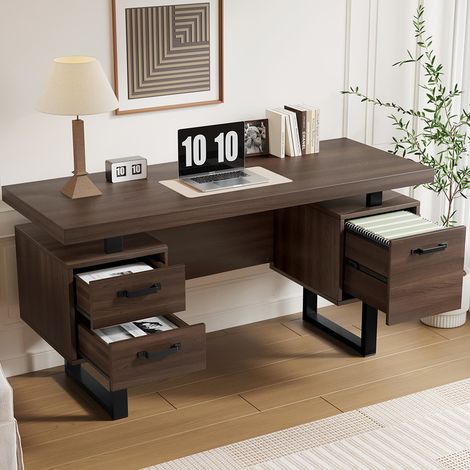 Bureau simple 135 x 54 cm, bureau d'ordinateur avec rangements : tiroir silencieux et tiroir pour classeurs, surface anti-éclaboussures – gain de place pour home office et études (1/5)