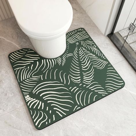 Tapis de Toilette Forme de U, Tapis WC Contour Absorbant en Diatomite Antidérapant Sechage Rapide Lavable pour Salle de Bain -Feuille Verte, 55x50cm (1/5)