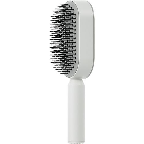 Brosse à cheveux coussin auto-nettoyante blanc pour femmes, massage du cuir chevelu, dents arrondies, peigne pour cheveux longs. (1/5)