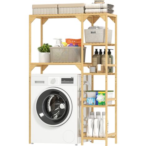 Étagère en bambou pour machine à laver, meuble pour machine à laver ou salle de bain avec étagères réversibles et réglables, bois naturel (1/5)