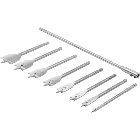 Jeu de 8 forets plats pour bois, à profil plat, de 6 à 32 mm, en acier inoxydable. (1/5)