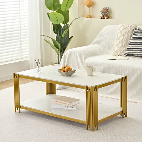 Tavolino da Salotto Rettangolare Moderno con 2 Ripiani, Piano Effetto Marmo, Soggiorno, 123 × 65.6 × 12.5 cm (1/5)