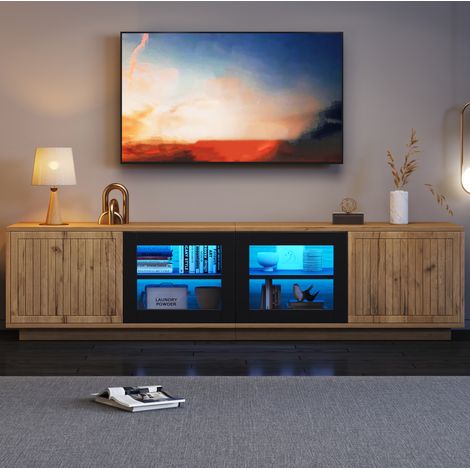 Mueble TV 180 x 40 x 45 cm con LED, 4 puertas, vidrio templado, natural y negro HAVRYA (1/5)