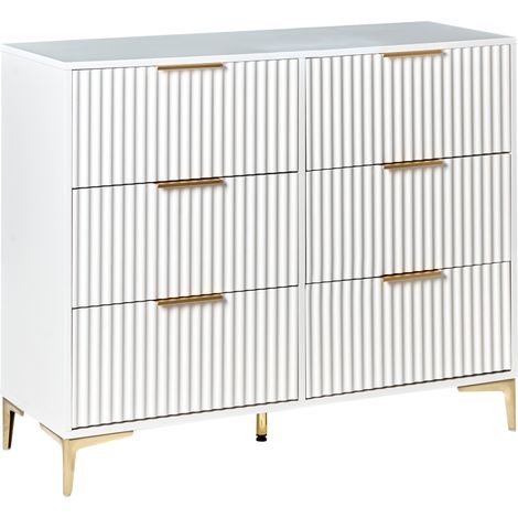 Cómoda moderna de MDF 6 cajones patas y tiradores de metal frentes acanalados blanco Walcott