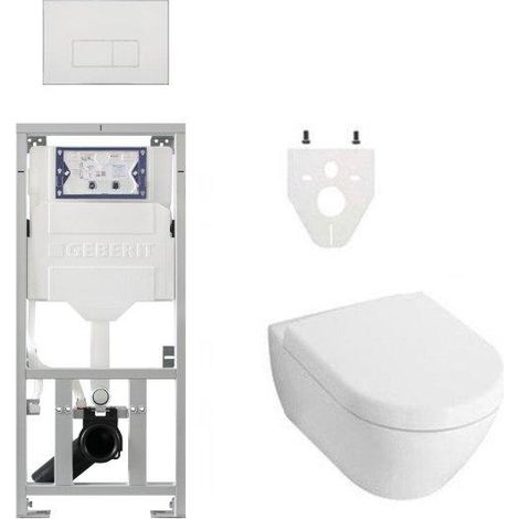 Ensemble de toilettes à chasse directe villeroy and boch avec réservoir de chasse et plaque de commande geberit avec boutons rectangulaires abattant à