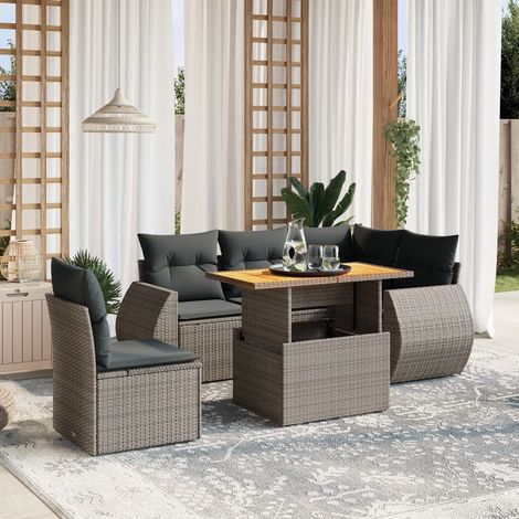 Ensemble Salon Jardin 6 places Gris Résine Tressée - Canapé d'angle, fauteuils et table extensible avec coussins déhoussables (1/3)