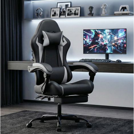 Sedia da gaming nero/bianco in PVC con design ergonomico, poggiatesta, supporto lombare e poggiapiedi retrattile (1/4)