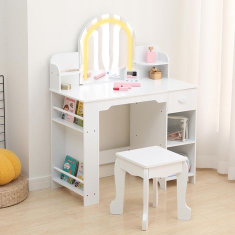 Coiffeuse enfant avec miroir LED réglable – Table maquillage avec tiroir, étagères et bibliothèque – Ensemble bureau et chaise en bois – Idéale pour chambre ou salle de jeux – Blanc avec accessoires (1/5)