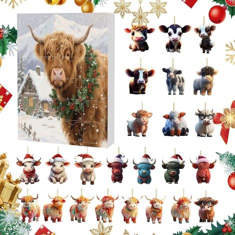 Calendrier de l'Avent Vache Highland Noël Pendentifs 2D acrylique charme Calendrier décompte 24 jours ornements vache Pour sapin Noël, rétroviseur auto, mur, fenêtre, porte, fête (1/5)