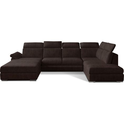 Canapé panoramique convertible LEVANO tissu - Rangement et appuie-têtes réglables à gauche-Marron-Coffre à gauche (1/5)