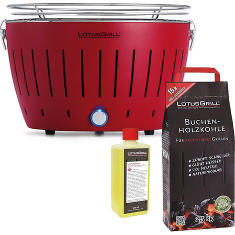Barbecue Rosso con Batterie e Cavo di Alimentazione USB + 2.5Kg di Carbonella di Faggio + Gel Combustibile 500ml -Lotus Grill (1/4)