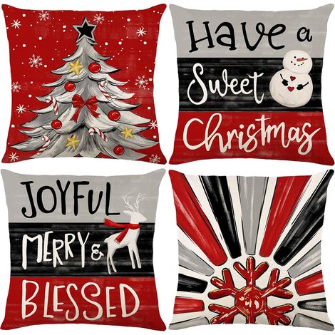 Fundas de cojín decorativas navideñas, 45 x 45 cm, juego de 4, decoración navideña para el hogar, fundas de cojín de Feliz Navidad para sofá, dormitorio (1/5)
