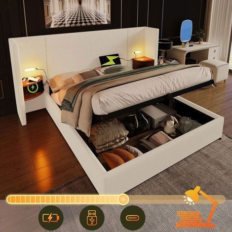 Lit Coffre 160x200, Lit Rembourré, avec Grand Rangement, LED, USB-C et Lampes de Lecture, Blanc, en Bois Massif, sans Matelas (1/5)