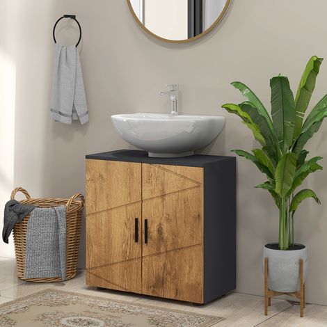 Meuble sous vasque lavabo meuble de salle de bain 2 portes avec étagère 60 x 30 x 60 cm gris anthracite et aspect bois (1/5)