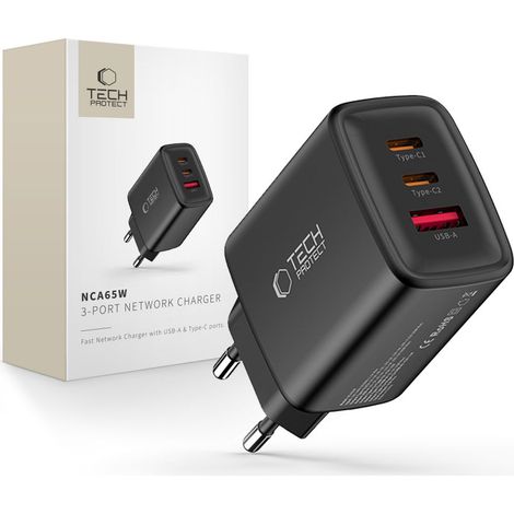 Caricabatterie di rete a 3 porte Tech-Protect NCA65W-GAN PD 65W / QC3.0 nero (1/5)