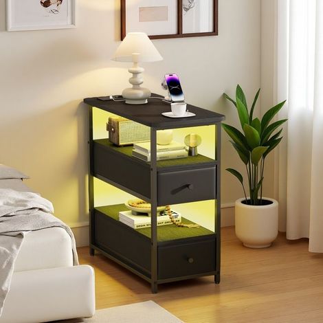 Mesa auxiliar industrial, Mesa de rincón, Mesa de centro de salón, Mesita de noche, LED+2 cajones 2 estantes, 58x28x60.5 cm, Negro (1/5)