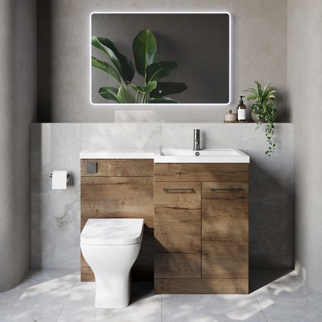 Napoli 460 Tobacco Oak 1100mm 2 Door Vanity Unit Toilet Suite with Right Hand Square Lucia Basin - 1100mm - Gunmetal Grey 160mm HandleWith Kingston Toilet Pan and Seat