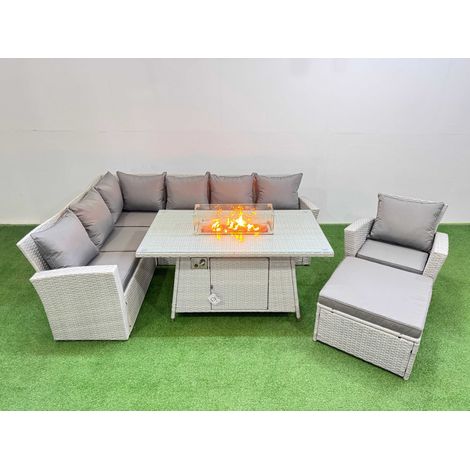 Fimous 8 Seat Rattan Garden Furniture Corner Sofa Set Outdoor Gas Fire Pit Table Sets with Big Footstool Light Grey (1/5)