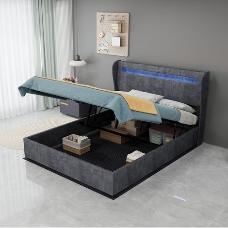 Cama tapizada LED (200x140x156 cm), iluminación ambiental regulable, respaldo ajustable, tejido y metal gris (1/5)