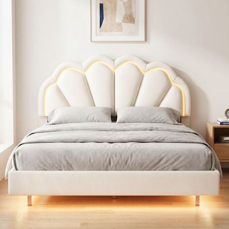 Lit adulte 140x200 cm, lit double flottant avec éclairage LED et tête de lit coquillage, cadre de lit en Velours, style moderne, Beige (1/5)