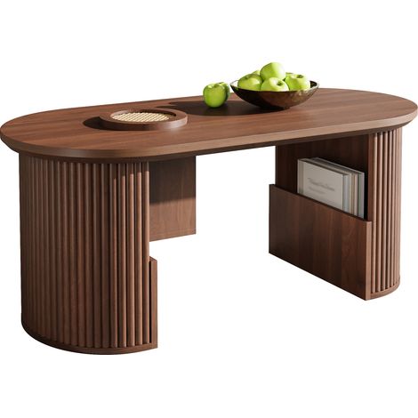 Table basse ovale avec rangements, finition bois foncé, plateau à rainures verticales et bords arrondis, 105 x 50 x 46,5 cm, style rétro - CHICFURN (1/5)