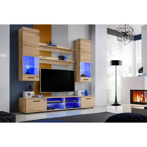 Komodee, Ensembles de Meubles RTV Varallo, Wotan/Wotan, Largeur 200cm x Hauteur 195cm x Profondeur 45cm, LED Bleues, pour Salon, Chambre (1/4)