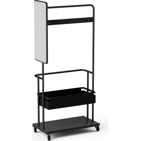 Portant à vêtements noir en métal à roulettes 3 en 1 avec miroir et panier, 70 x 40 x 170 cm (1/5)