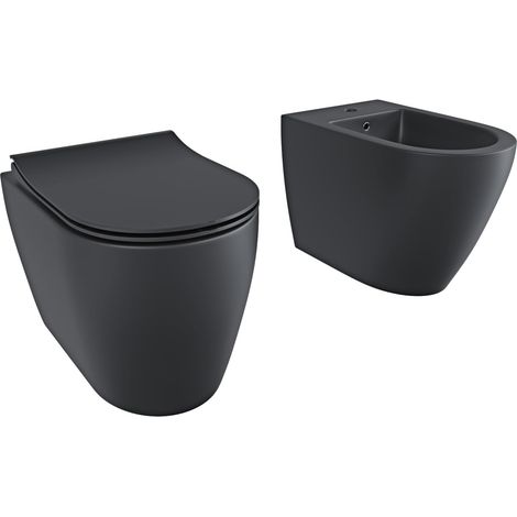 Coppia Sanitari Filo Muro Filo Parete WC Rimless Vaso Senza Brida Tornado Flush Bidet Moderno Design Ceramica Copriwater Soft Close Nero Opaco (1/5)