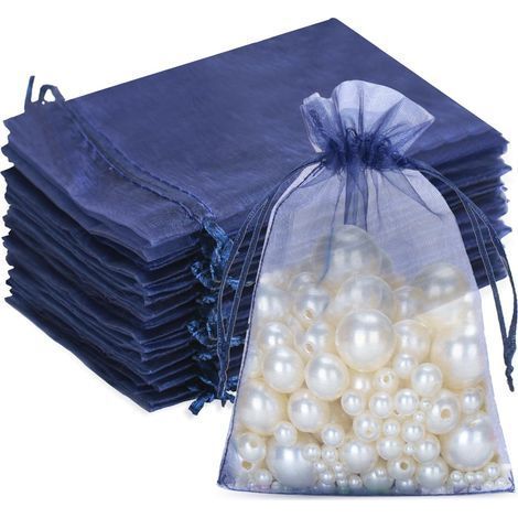Dunkelblaue Organzabeutel, 10 x 15 cm: Organza-Geschenktüten, 50er-Pack. Organzabeutel mit Kordelzugverschluss. Ideal als Süßigkeitentüten bei Hochzeiten, Schmuckbeutel oder Geschenktüten. (1/5)