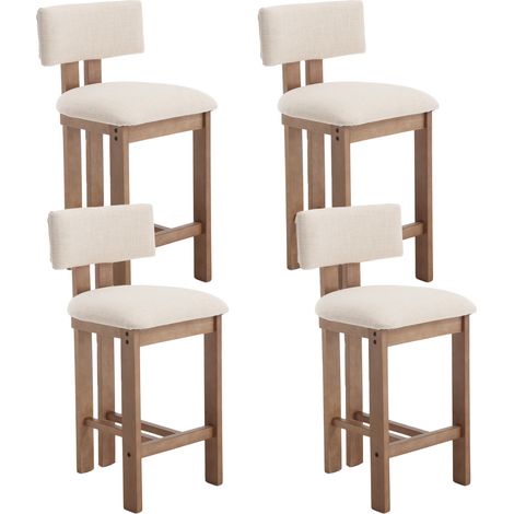 Wahson Tabouret de bar vintage en bois – Lot de 4 – Coussin épais en lin – Pieds en bois massif – Hauteur 91 cm – Confortable pour cuisine et bar, Beige