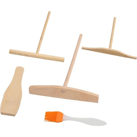 Spatules Crêpes Bois, Épandeur Poussoir Crêpe Râteau, Ensemble Retourneur de Crêpes et Etaleur de Pâte, Repartiteur de Crêpes Pancake Spatule, Outil d'épandage de Étaler Crêpes en Forme de T (1/5)