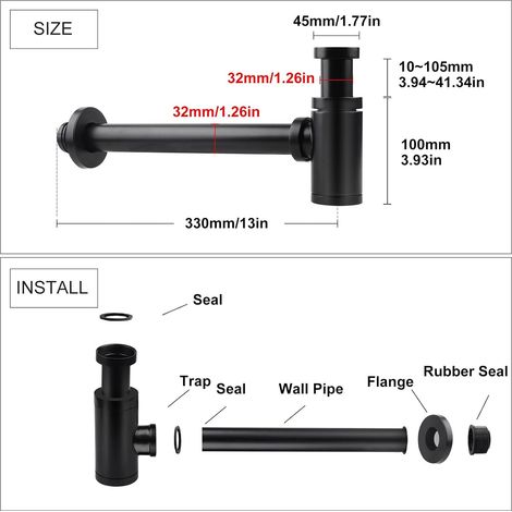 1 Siphon De Lavabo, Acier Inoxydable, Noir, Réglable, Anti Odeur, Salle De Bain (1/5)