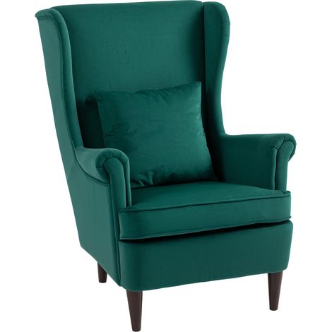 Stylish High Back Wingback Chair in Dark Green Velvet Fabric, Comfortable Reading Armchair with Solid Wood Legs for Living Room and Office