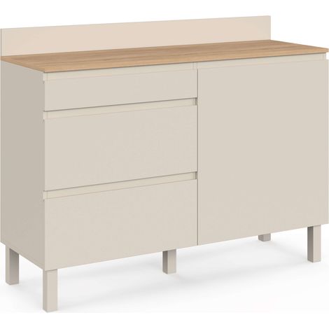 Idmarket – Buffet bas casserolier de cuisine 120 cm – 1 porte – 3 tiroirs – Hauteur plan de travail 83 cm – Effet bois beige