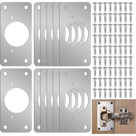 Plaques de réparation de charnières (lot de 10) : supports de renfort en acier avec vis pour portes de placards et meubles (90 x 50 mm) (1/3)
