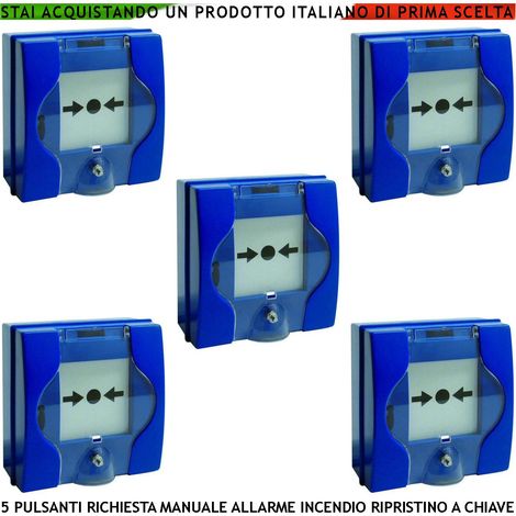 PULSANTI EMERGENZA ROTTURA VETRO BLU 5 PEZZI RICHIESTA INTERVENTO INCENDIO RIPRISTINO A CHIAVE SBLOCCA PORTE REI EN 54-11 CPD (1/4)