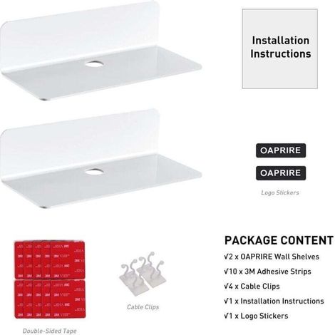 Etagere Murale Blanche Lot de 2, Agrandissez Facilement l'espace Mural - 22,9cm Etagere sans percer en Acrylique pour Chambre, Salle de Bains, Cuisine, Salon, Bureau, avec 4 Clips Câble (1/3)