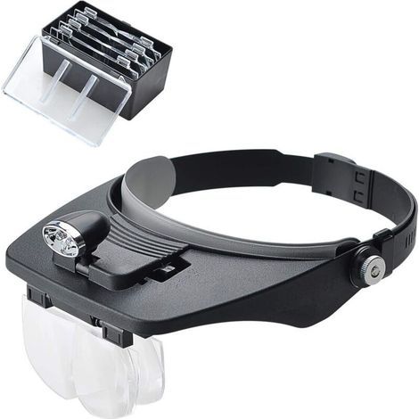 Headband magnifier with 2 LED lights, hands-free headset mounted on the head with 4 removable lenses for reading, electronics repair, jewelry making, sewing, and crafts. (1/5)