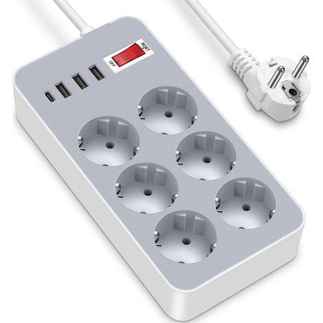 Regleta 10 en 1 con cable de 1,2 metros, 6 enchufes y 4 puertos USB, ideal para el hogar, la oficina o el hotel (enchufe europeo). (1/5)