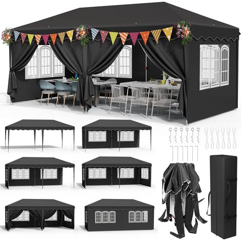 Tonnelle Pliante 3x6 Imperméable,Tente de Reception avec 6PCS Panneaux Latéraux,Tonnelle de Jardin 3x6,Protection UV 50+,420D Oxford,avec Sac de Rangement,Cour, Marché, Plage, Camping, Fêtes,Noir (1/5)