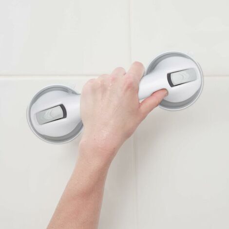 Poignée Ventouse, Lot de 2, Barre d’Appui Douche & Baignoire, 25 kg, pour Personnes âgées, Mur, en Blanc/Gris (1/3)