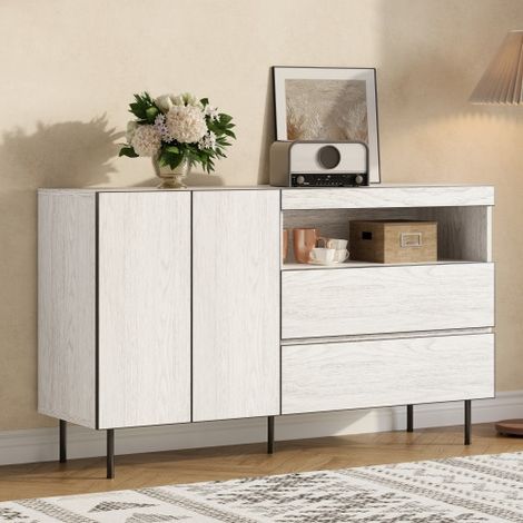 Buffet moderne, meuble de rangement - 140x42x77 cm - 2 portes et 2 tiroirs - Étagères ouvertes - Blanc
