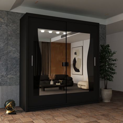 Modern 2 Door Sliding Mirror Wardrobe with Shelves & Hanging Rails - Black120cm (1/2)