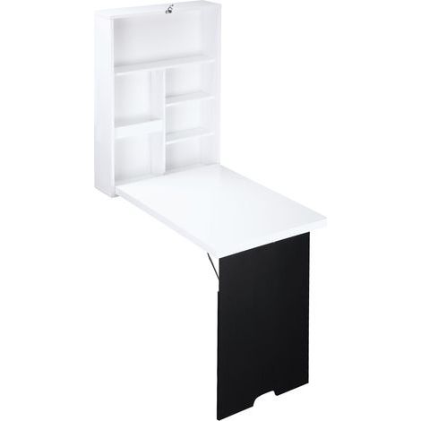 Bureau Mural Pliable Table Murale Rabattable Suspendue sur Pied étagère + Tableau à Craie intégré MDF Blanc