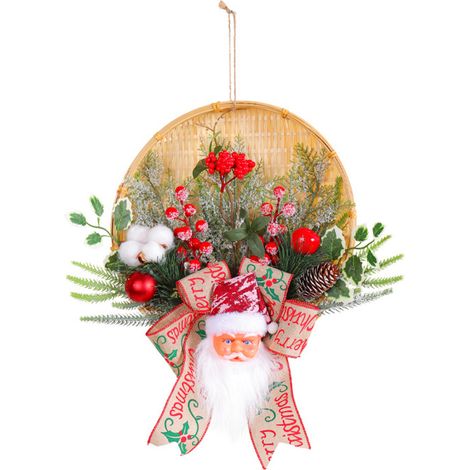 Dekorativer Kranz (für Senioren) mit einem niedlichen Weihnachtsmann, Bambuskorb, Weihnachtsschmuck für die Tür oder den Garten (1/2)