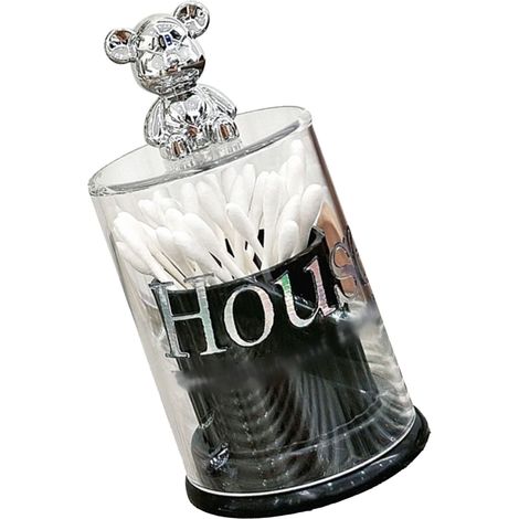 Petit Pot à Cure-Dents Ours Mignon Boîte de Rangement pour Coton-Tige en Plastique Transparent Cristal avec Couvercle Noir (1/5)